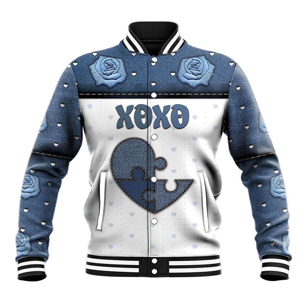 Personalized XOXO Valentine's Day Baseball Jacket Pieces Of The Heart Old Denim Fabric Effect