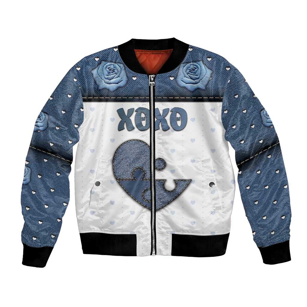 Personalized XOXO Valentine's Day Bomber Jacket Pieces Of The Heart Old Denim Fabric Effect