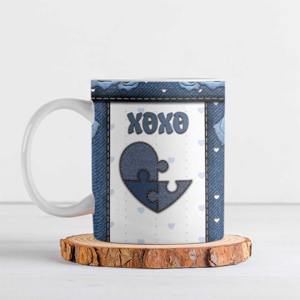 Personalized XOXO Valentine's Day Ceramic Mug Pieces Of The Heart Old Denim Fabric Effect