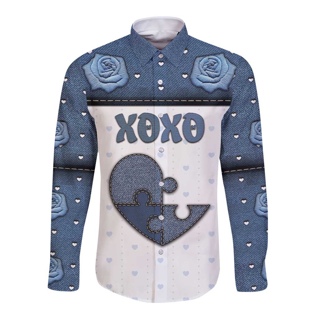 Personalized XOXO Valentine's Day Long Sleeve Button Shirt Pieces Of The Heart Old Denim Fabric Effect