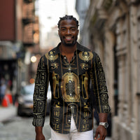 Egypt Cartouche Long Sleeve Button Shirt Gold Pharaoh Hieroglyphics Patterns