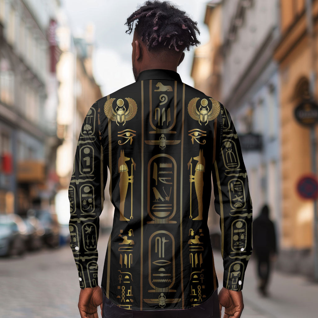 Egypt Cartouche Long Sleeve Button Shirt Gold Pharaoh Hieroglyphics Patterns