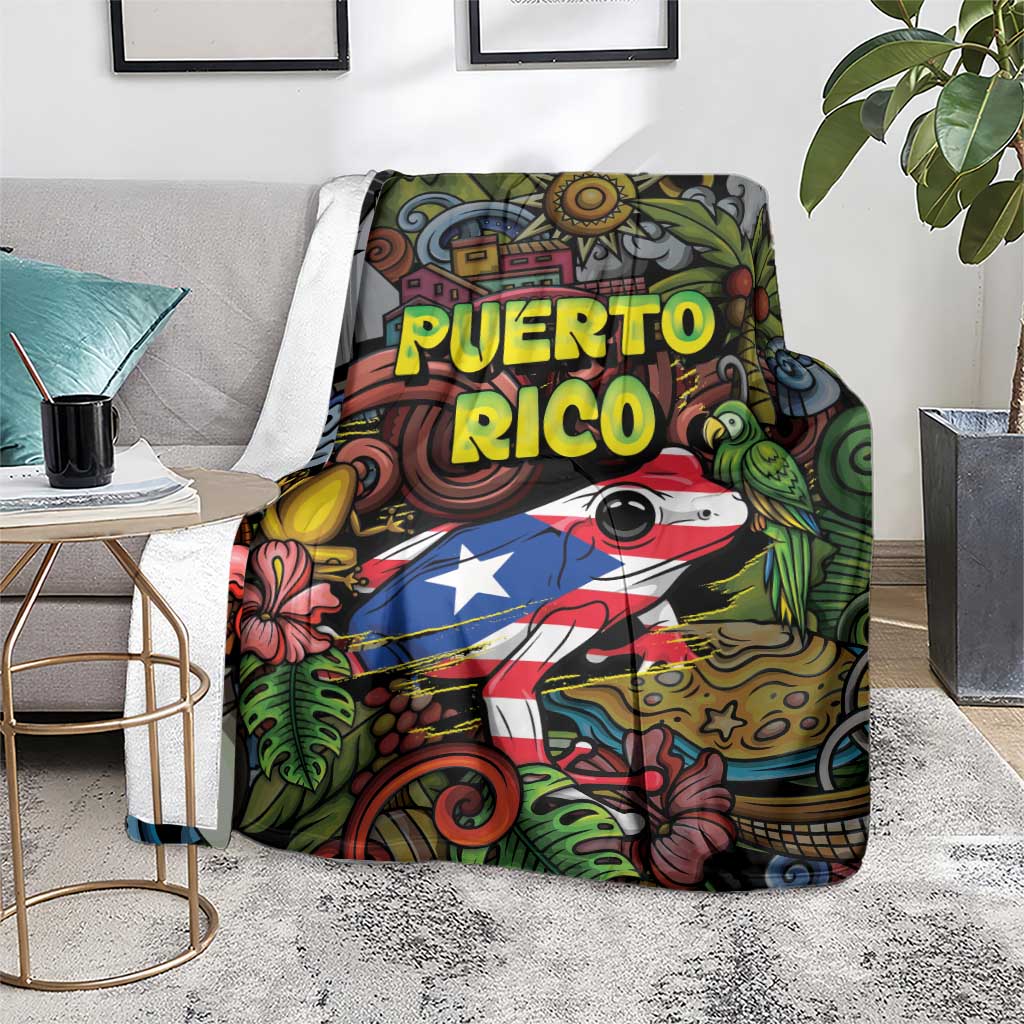 Puerto Rico Blanket The Coqui Frog Tropical Doodle Style - Wonder Print Shop