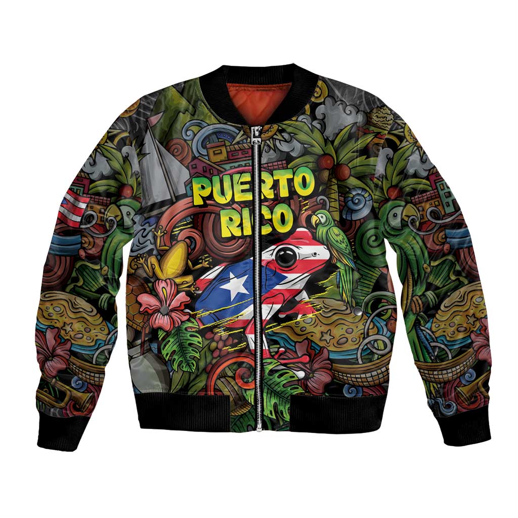 Personalized Puerto Rico Bomber Jacket The Coqui Frog Tropical Doodle Style - Wonder Print Shop