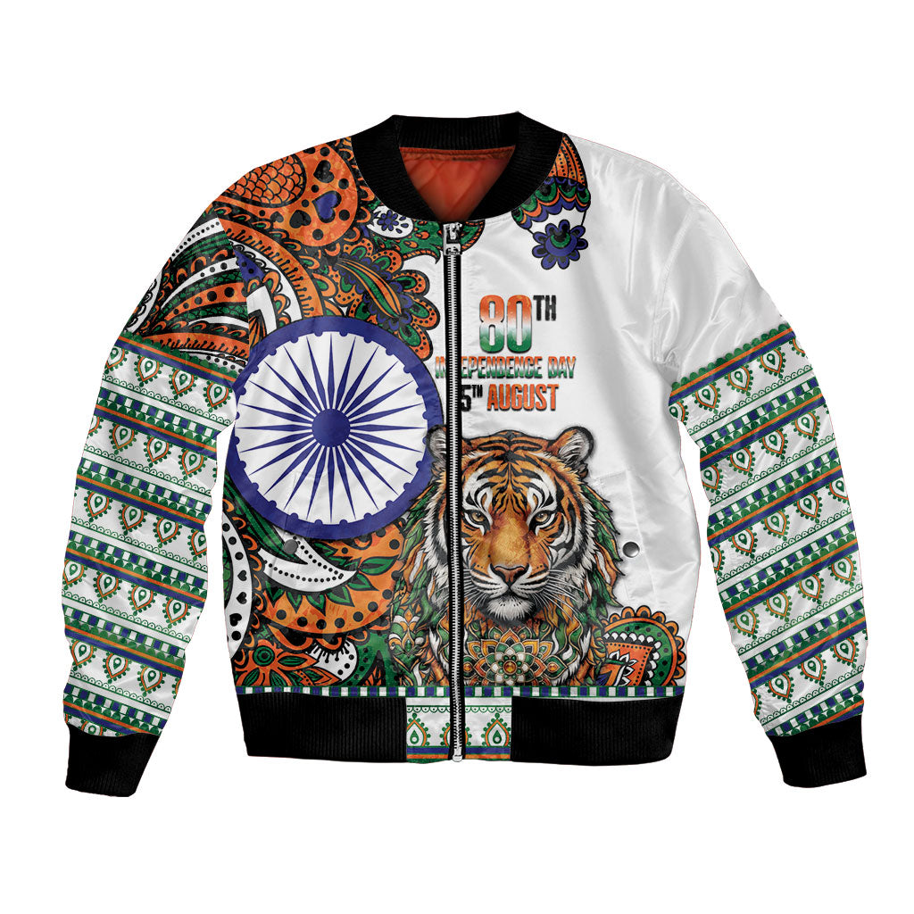 India Independence Day Bomber Jacket Royal Tiger Ashoka Chakra Paisley Pattern