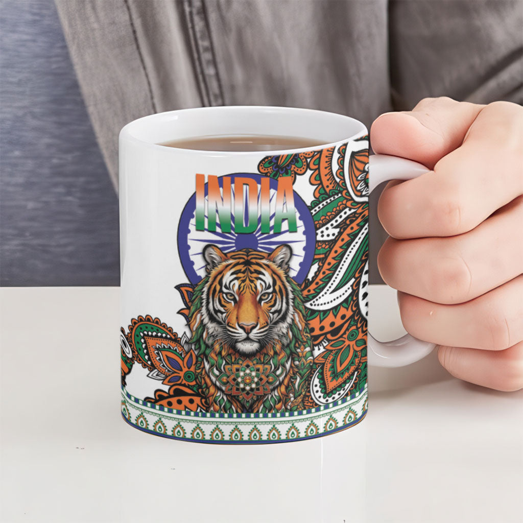 India Independence Day Ceramic Mug Royal Tiger Ashoka Chakra Paisley Pattern