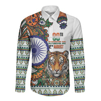 India Independence Day Long Sleeve Button Shirt Royal Tiger Ashoka Chakra Paisley Pattern