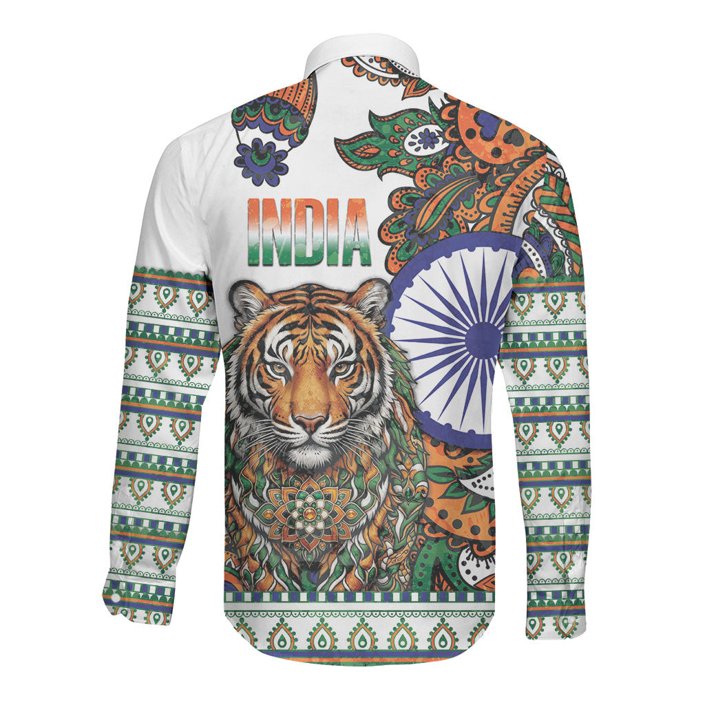 India Independence Day Long Sleeve Button Shirt Royal Tiger Ashoka Chakra Paisley Pattern