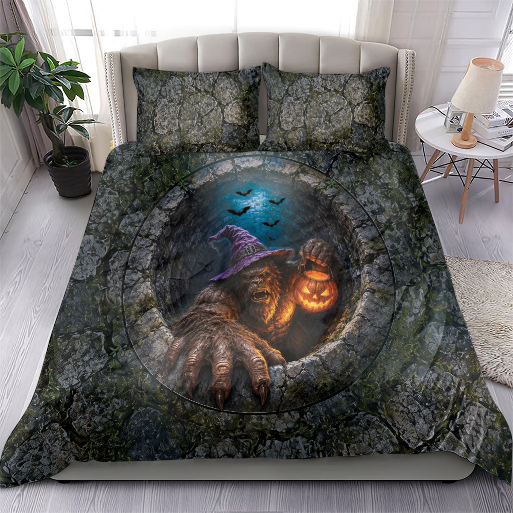 3D Illusion Bigfoot Halloween Bedding Set Witch Sasquatch Stone Well Pumpkin Lantern