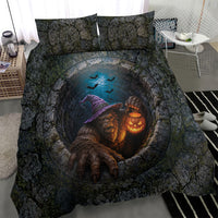 3D Illusion Bigfoot Halloween Bedding Set Witch Sasquatch Stone Well Pumpkin Lantern