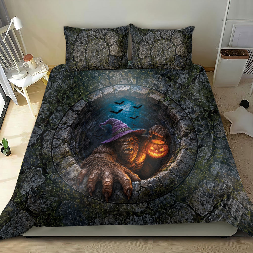 3D Illusion Bigfoot Halloween Bedding Set Witch Sasquatch Stone Well Pumpkin Lantern