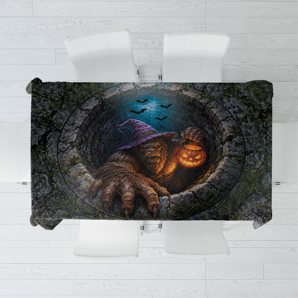 3D Illusion Bigfoot Halloween Tablecloth Witch Sasquatch Stone Well Pumpkin Lantern