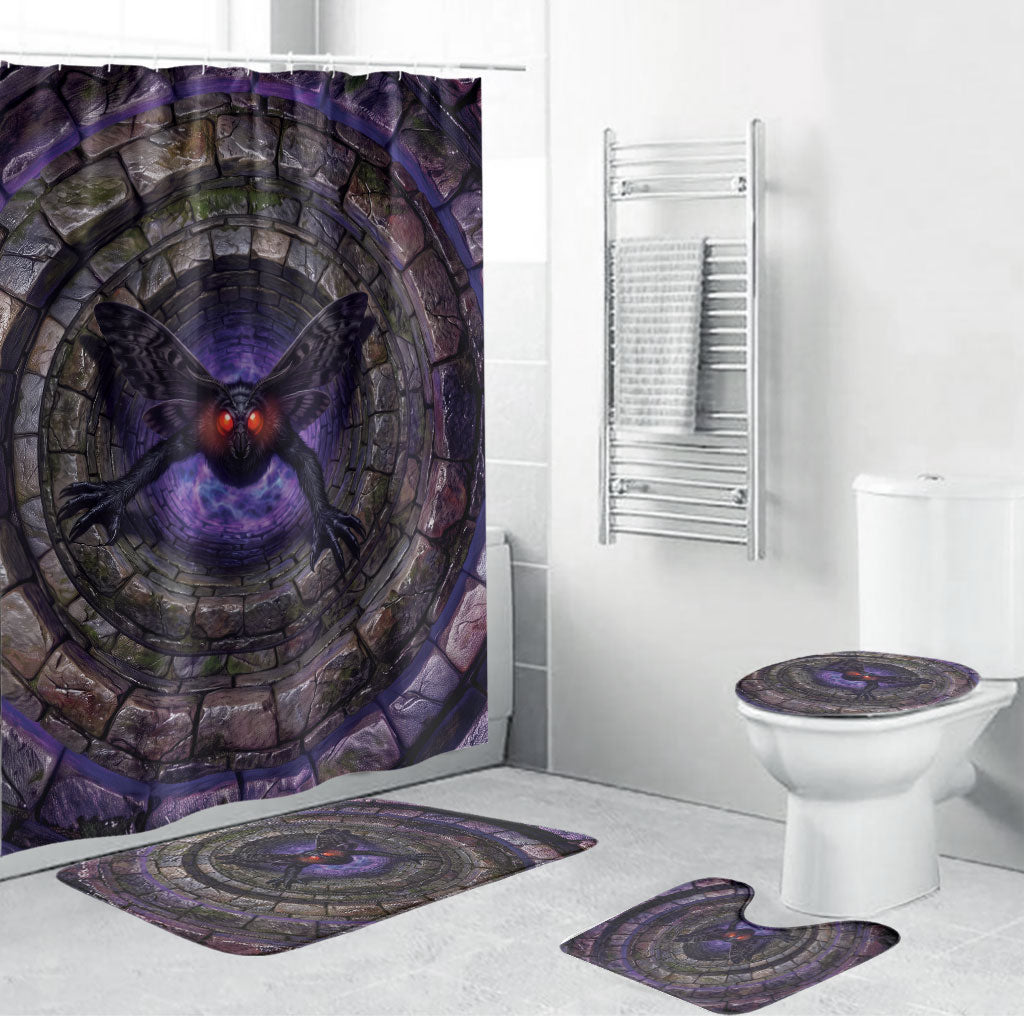 3D Illusion Mothman Halloween Bathroom Set Monster Red Eyes Stone Well Portal