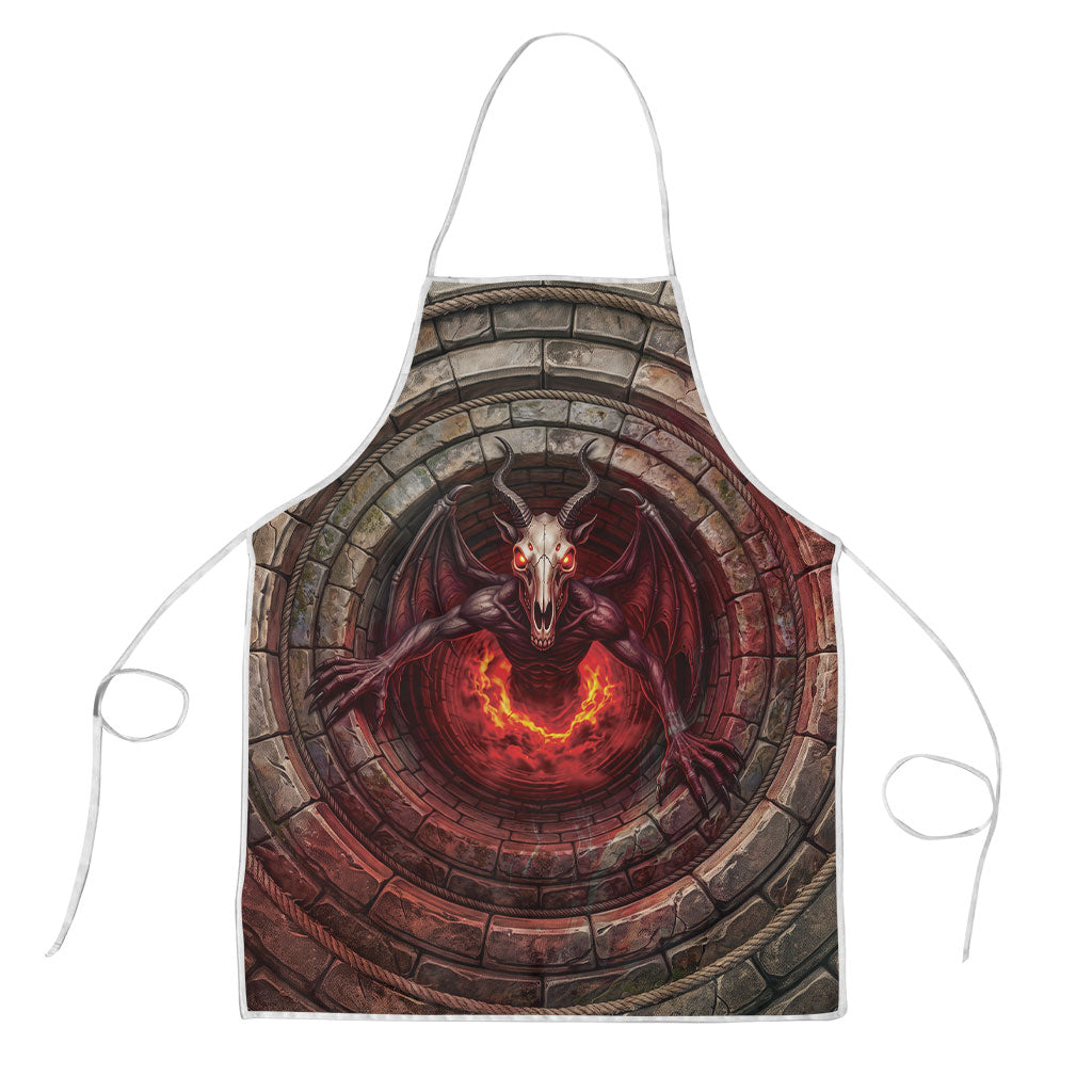3D Illusion Jersey Devil Halloween Apron Monster Horned Skull Fire Well