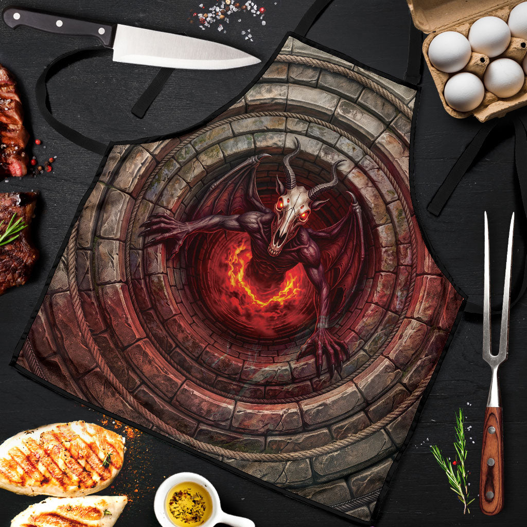 3D Illusion Jersey Devil Halloween Apron Monster Horned Skull Fire Well