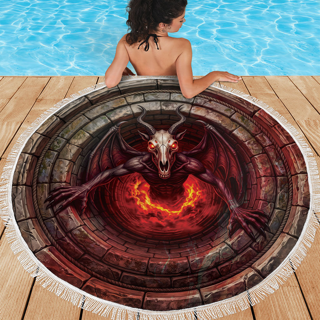 3D Illusion Jersey Devil Halloween Beach Blanket Monster Horned Skull Fire Well