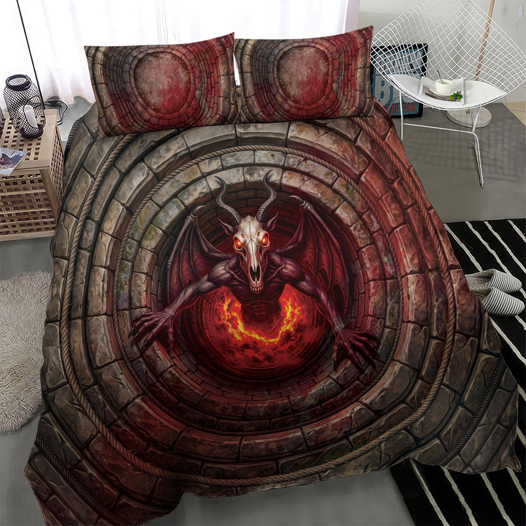 3D Illusion Jersey Devil Halloween Bedding Set Monster Horned Skull Fire Well