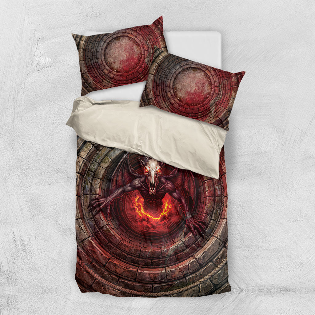 3D Illusion Jersey Devil Halloween Bedding Set Monster Horned Skull Fire Well