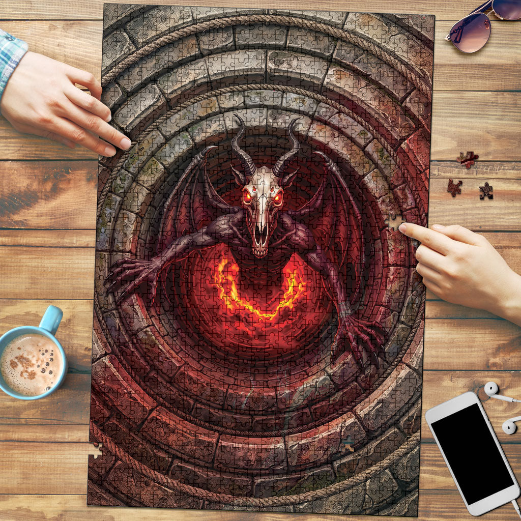 3D Illusion Jersey Devil Halloween Puzzle Monster Horned Skull Fire Well