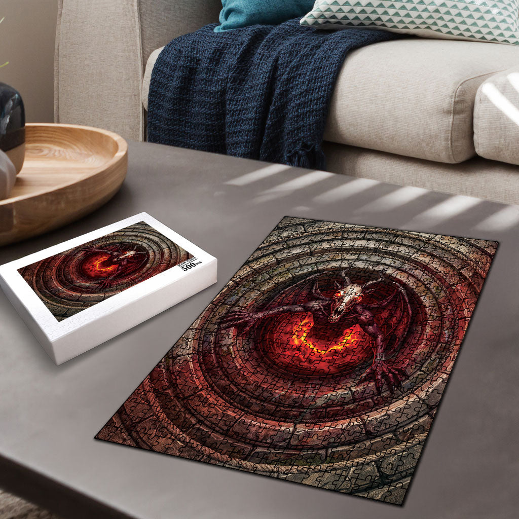 3D Illusion Jersey Devil Halloween Puzzle Monster Horned Skull Fire Well