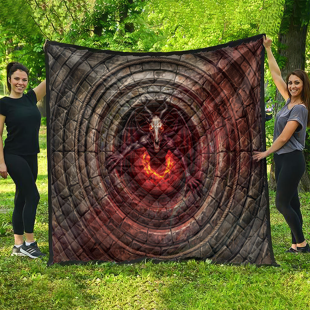 3D Illusion Jersey Devil Halloween Quilt Monster Horned Skull Fire Well