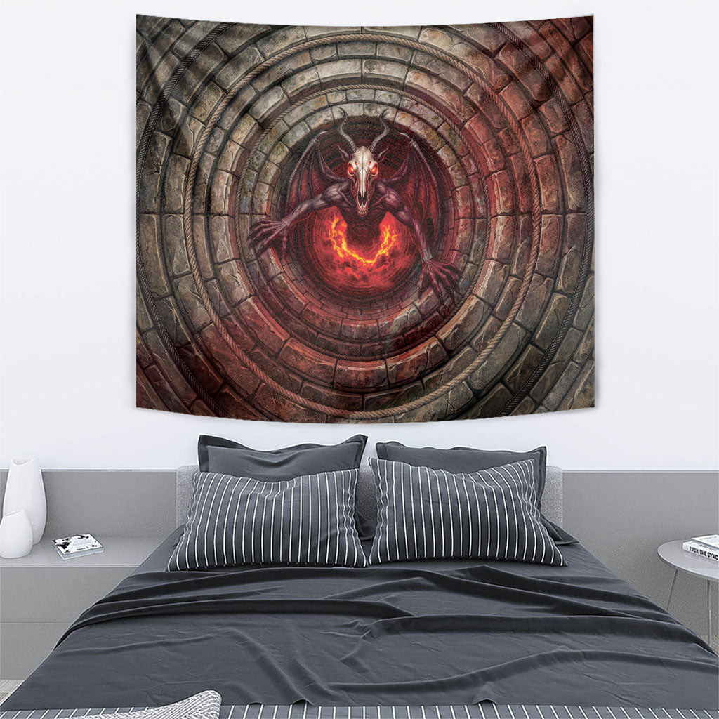 3D Illusion Jersey Devil Halloween Tapestry Monster Horned Skull Fire Well