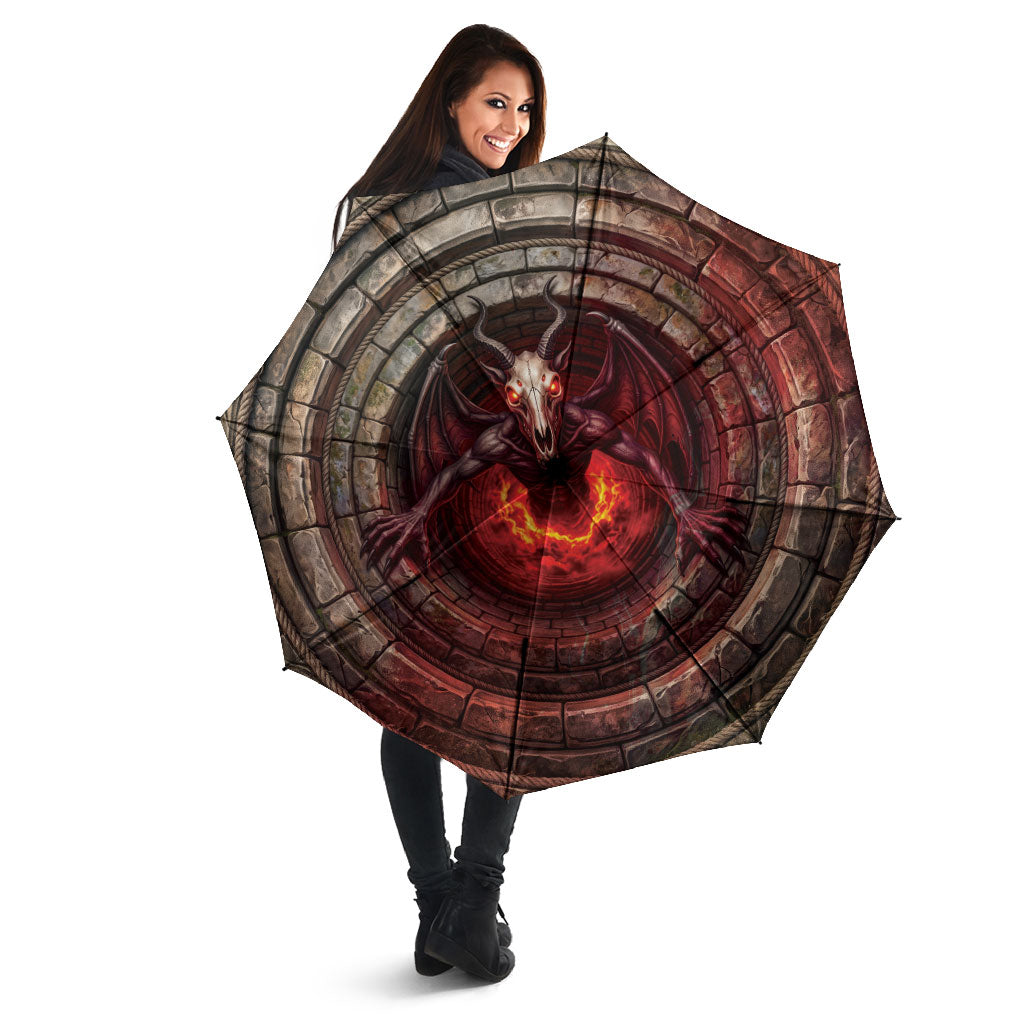 3D Illusion Jersey Devil Halloween Umbrella Monster Horned Skull Fire Well
