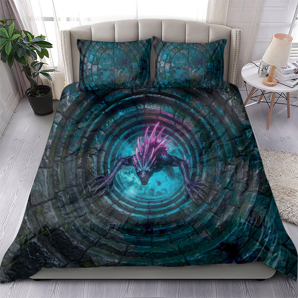 3D Illusion Chupacabra Halloween Bedding Set Monster Glowing Spines Stone Well