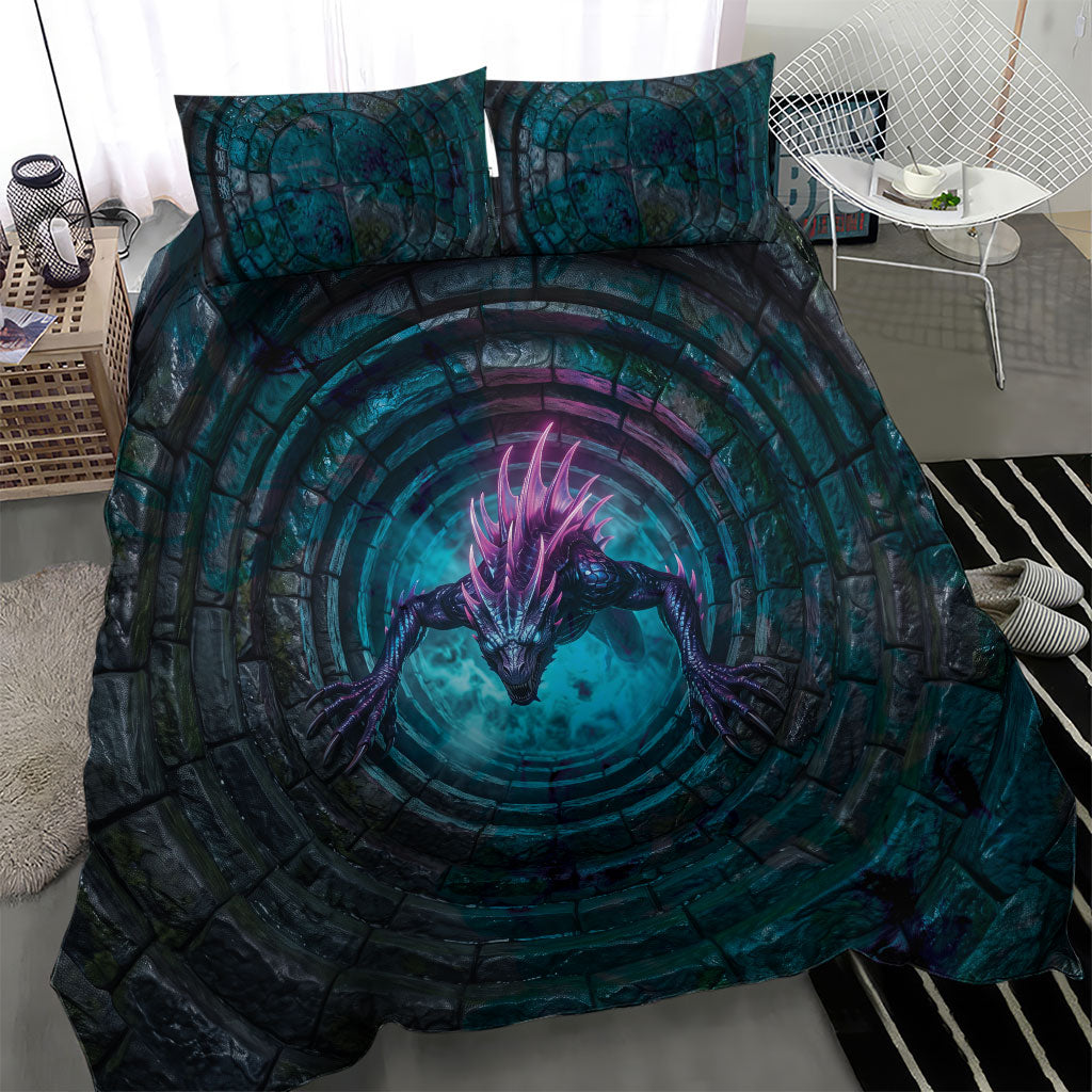 3D Illusion Chupacabra Halloween Bedding Set Monster Glowing Spines Stone Well