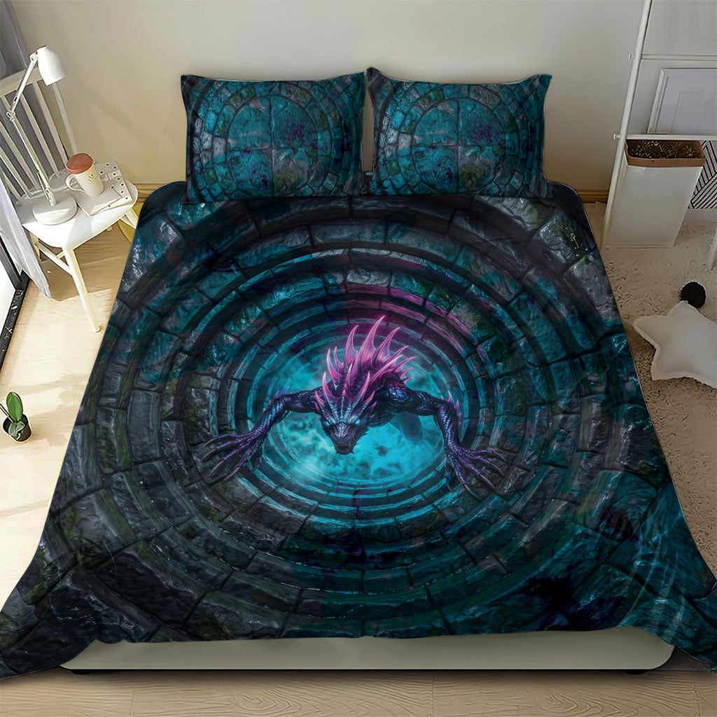 3D Illusion Chupacabra Halloween Bedding Set Monster Glowing Spines Stone Well