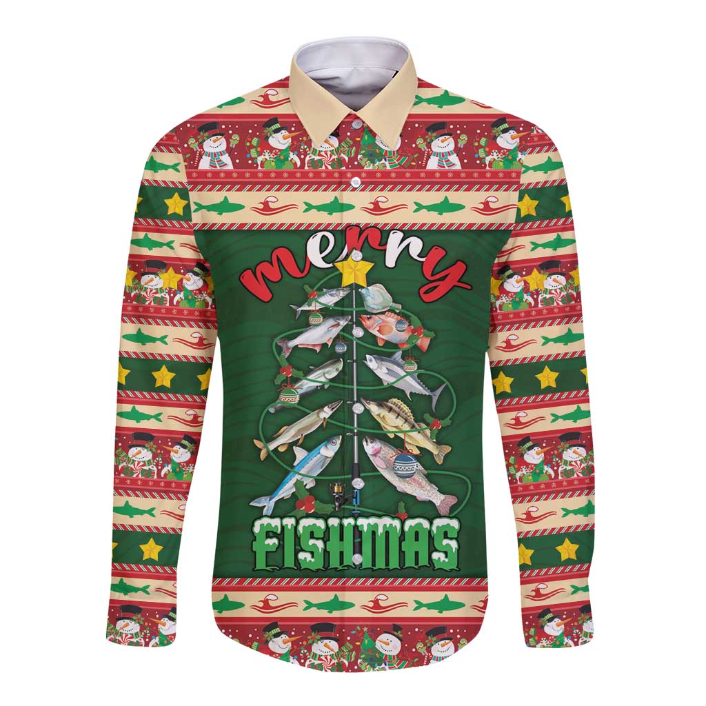 Fishing Christmas Long Sleeve Button Shirt Merry Fishmas - Wonder Print Shop