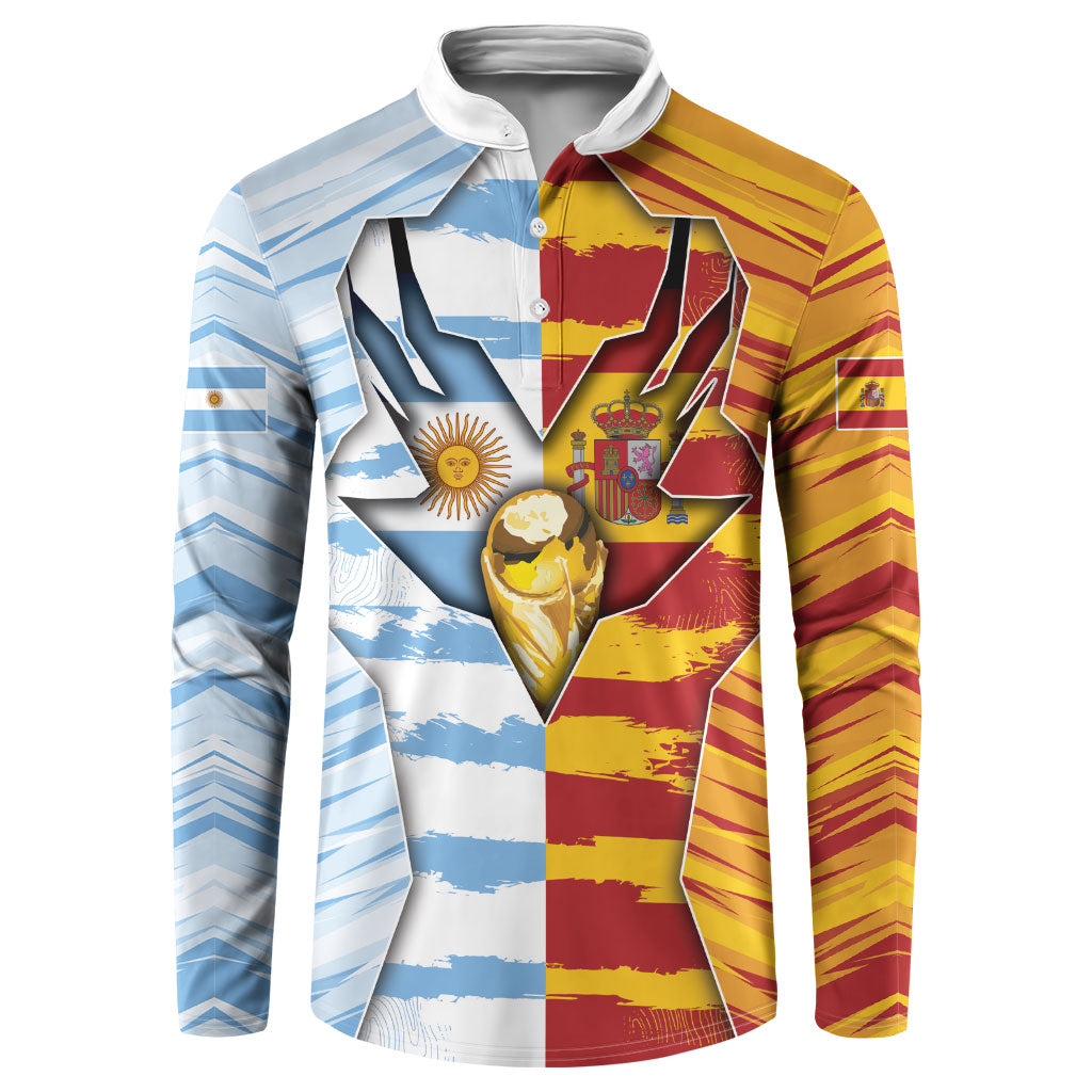 Custom Argentina And Spain Football Button Sweatshirt Split Flag Golden Trophy Grunge