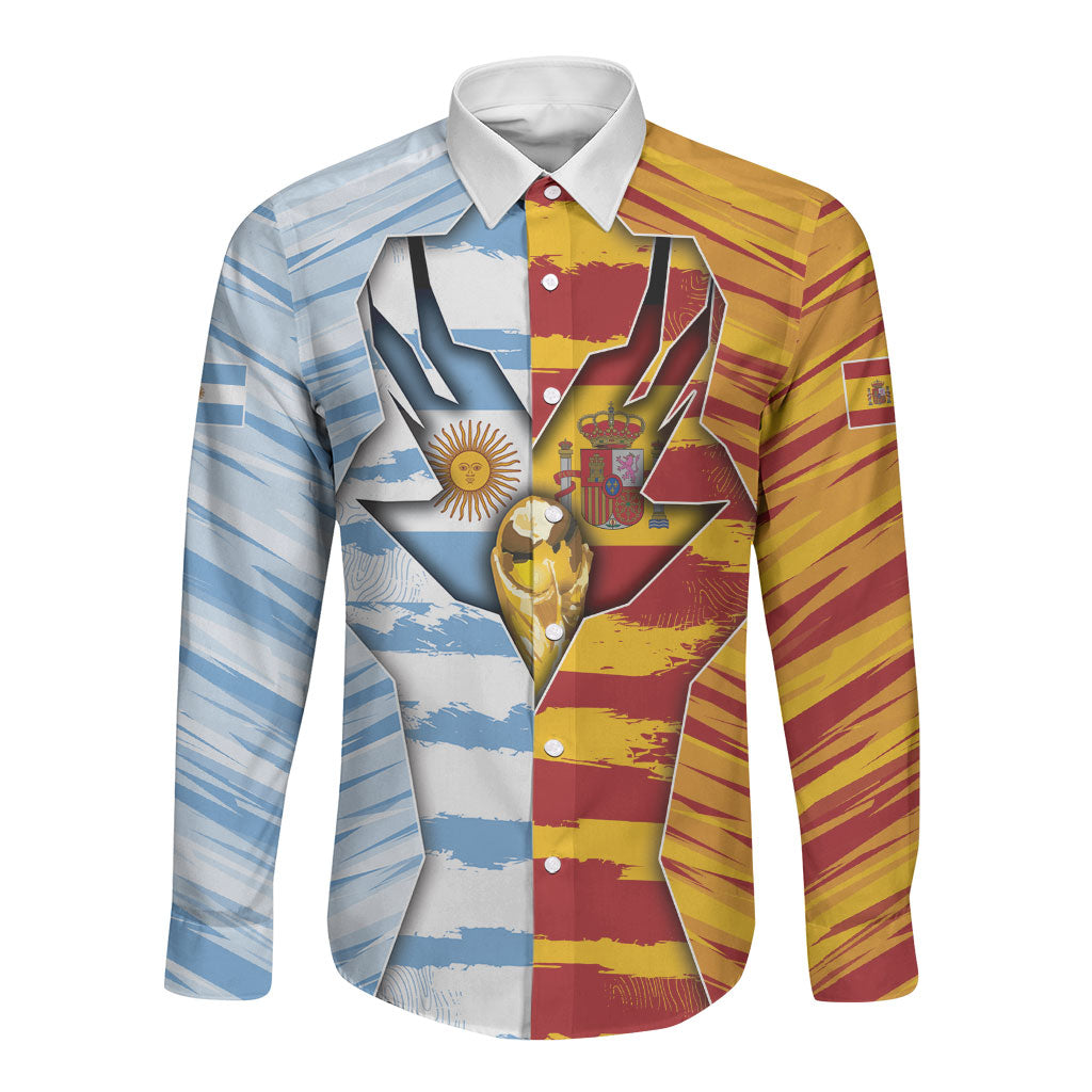 Custom Argentina And Spain Football Long Sleeve Button Shirt Split Flag Golden Trophy Grunge