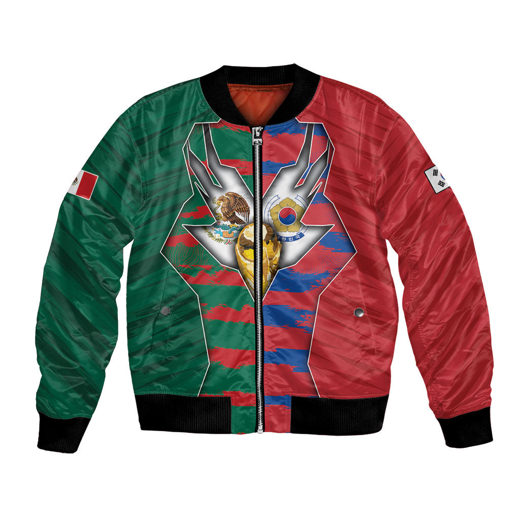 Custom Mexico And Korean Football Bomber Jacket Split Flag Golden Trophy Grunge
