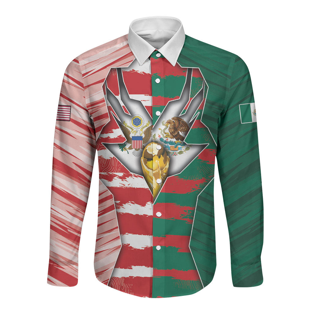 Custom USA And Mexico Football Long Sleeve Button Shirt Split Flag Golden Trophy Grunge