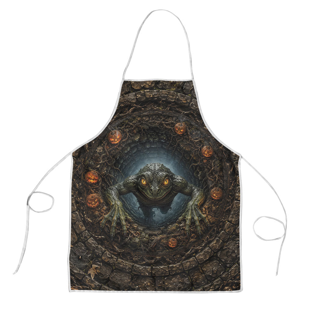 3D Illusion Loveland Frogman Halloween Apron Ohio Cryptid Pumpkin Stone Well