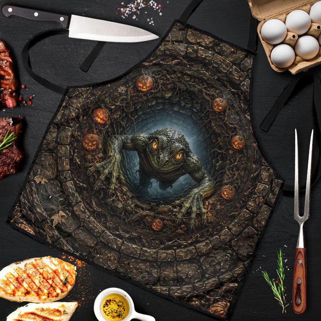 3D Illusion Loveland Frogman Halloween Apron Ohio Cryptid Pumpkin Stone Well
