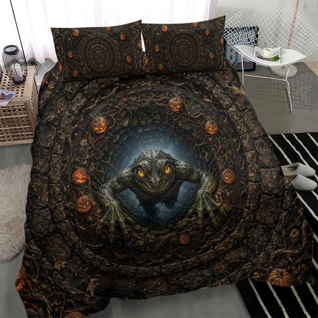 3D Illusion Loveland Frogman Halloween Bedding Set Ohio Cryptid Pumpkin Stone Well