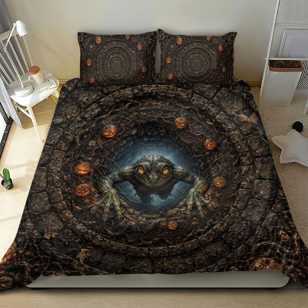 3D Illusion Loveland Frogman Halloween Bedding Set Ohio Cryptid Pumpkin Stone Well
