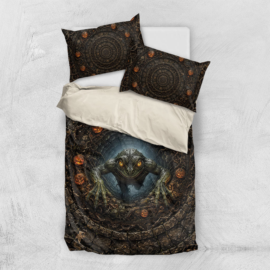 3D Illusion Loveland Frogman Halloween Bedding Set Ohio Cryptid Pumpkin Stone Well