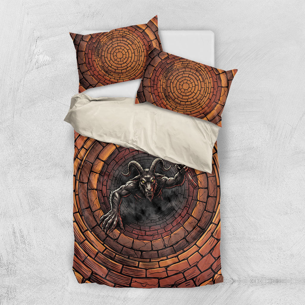 3D Illusion Goatman Halloween Bedding Set Maryland Cryptid Axe Brick Well