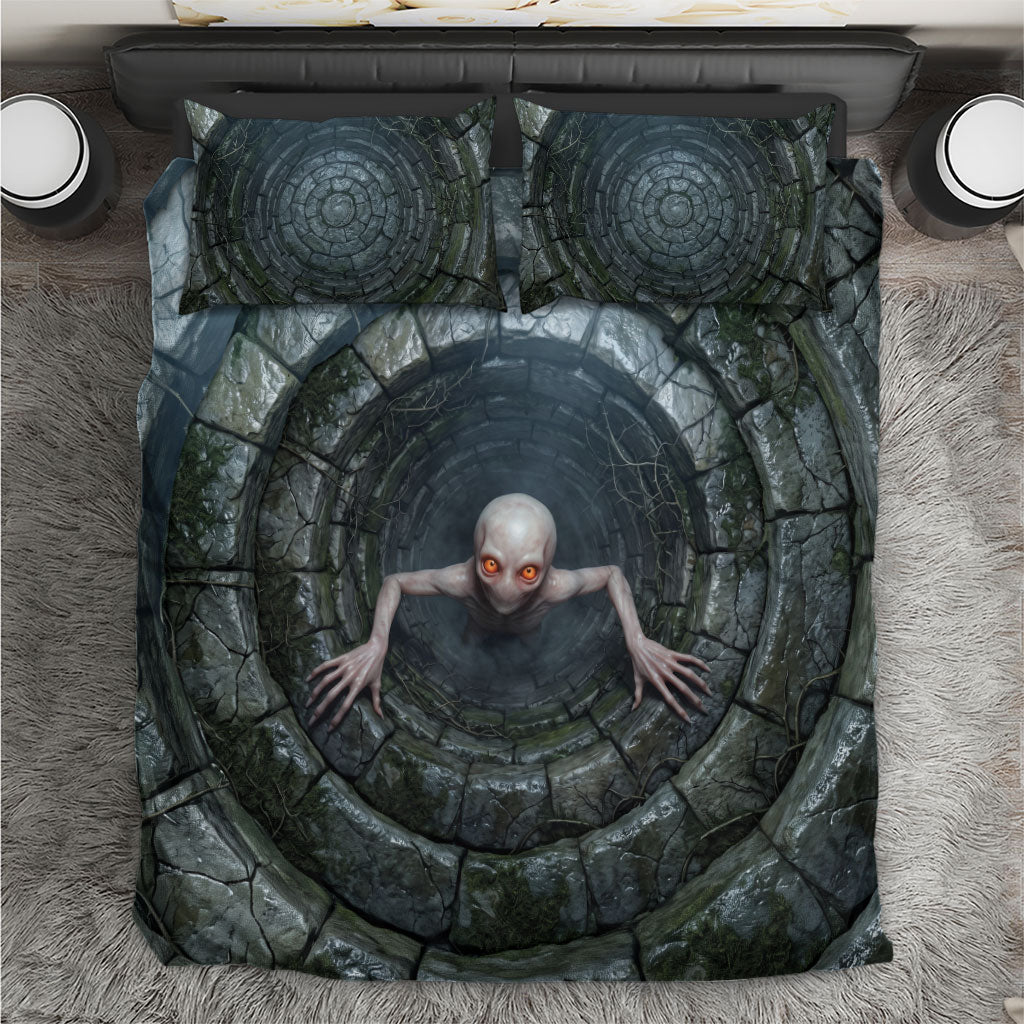 3D Illusion Dover Demon Halloween Bedding Set Massachusetts Cryptid Pale Stone Well