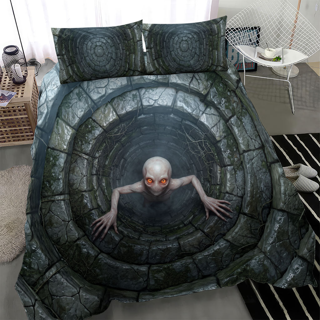 3D Illusion Dover Demon Halloween Bedding Set Massachusetts Cryptid Pale Stone Well