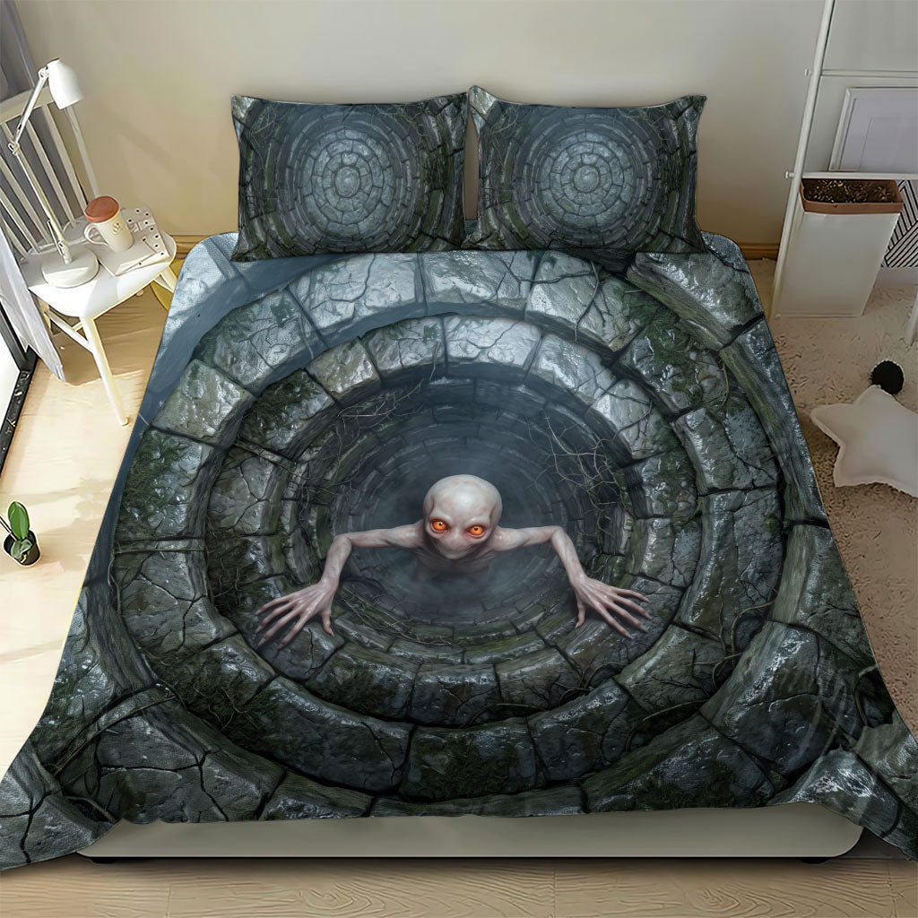 3D Illusion Dover Demon Halloween Bedding Set Massachusetts Cryptid Pale Stone Well