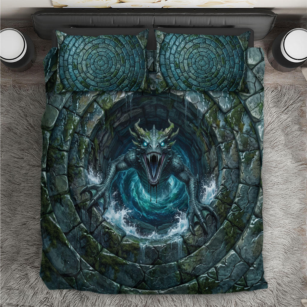 3D Illusion Ogopogo Halloween Bedding Set Canadian Lake Serpent Stone Well