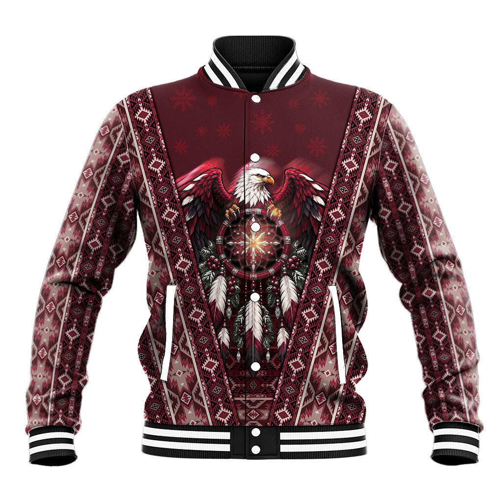 Burgundy Native American Christmas Baseball Jacket Bald Eagle Dreamcatcher Southwestern