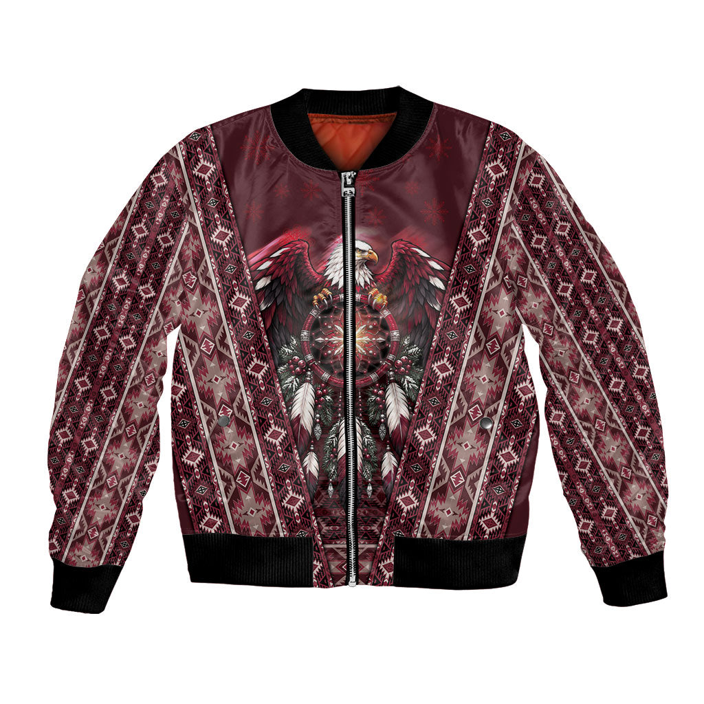 Burgundy Native American Christmas Bomber Jacket Bald Eagle Dreamcatcher Southwestern