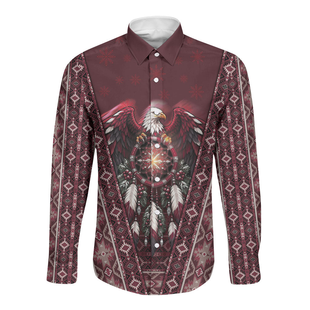 Burgundy Native American Christmas Long Sleeve Button Shirt Bald Eagle Dreamcatcher Southwestern