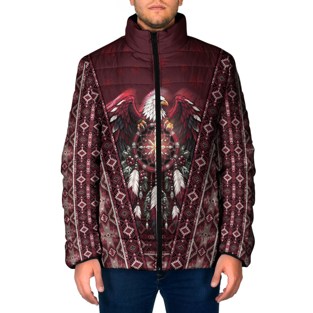 Burgundy Native American Christmas Padded Jacket Bald Eagle Dreamcatcher Southwestern
