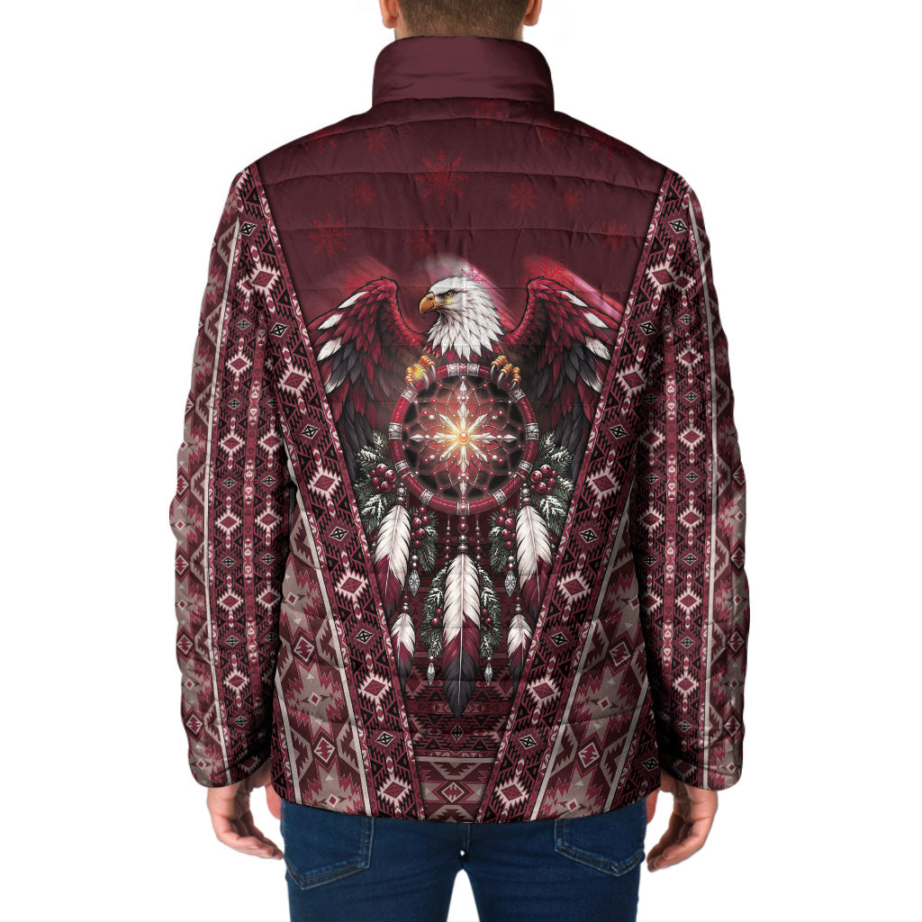 Burgundy Native American Christmas Padded Jacket Bald Eagle Dreamcatcher Southwestern